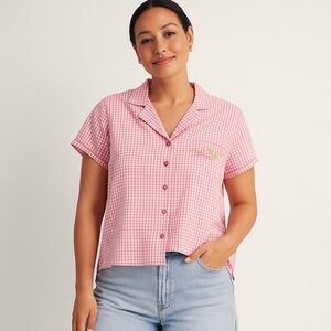 Charter‎ Club Gingham Top 100% Cotton Embroidered Pocket Short Sleeve Button  XL